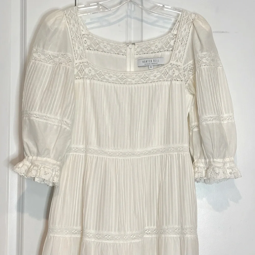 Hunter Bell Evelyn White Silk Cotton Lace Trim Square Neck Midi Maxi Dress 6 - Picture 2 of 12